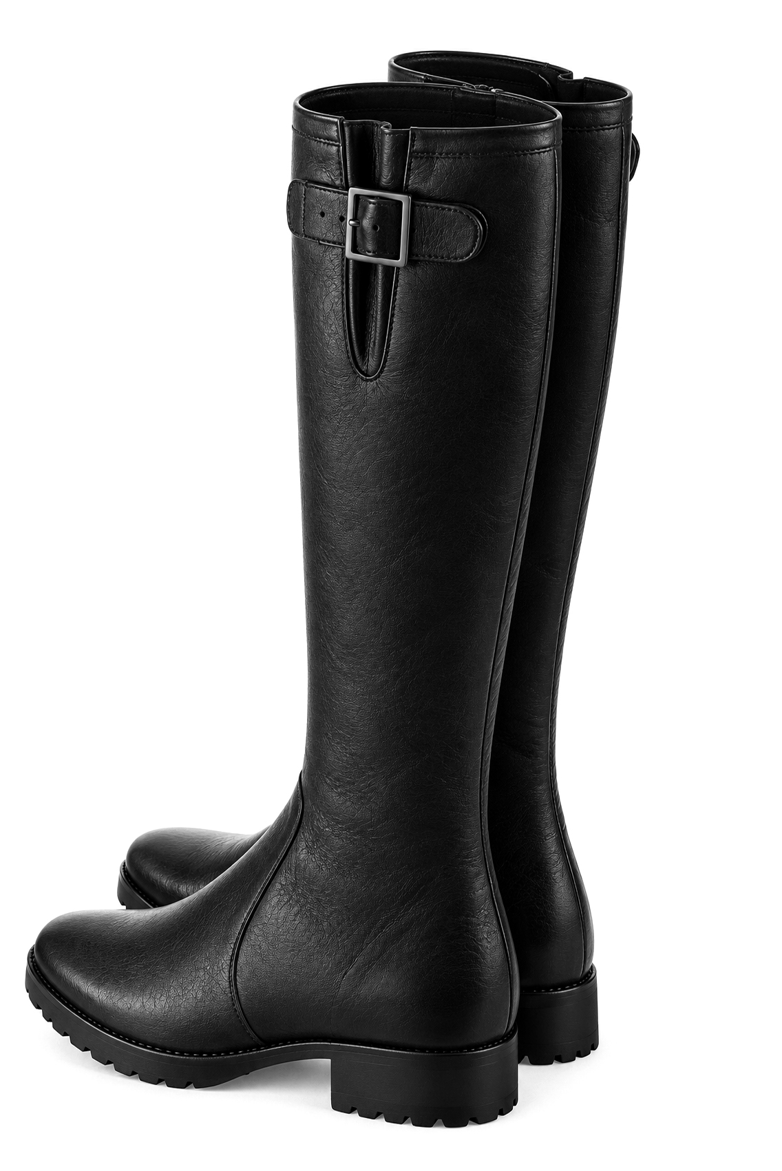 Women's black custom-made buckle knee-high boots with round toe and chunky rubber lug sole- Top view